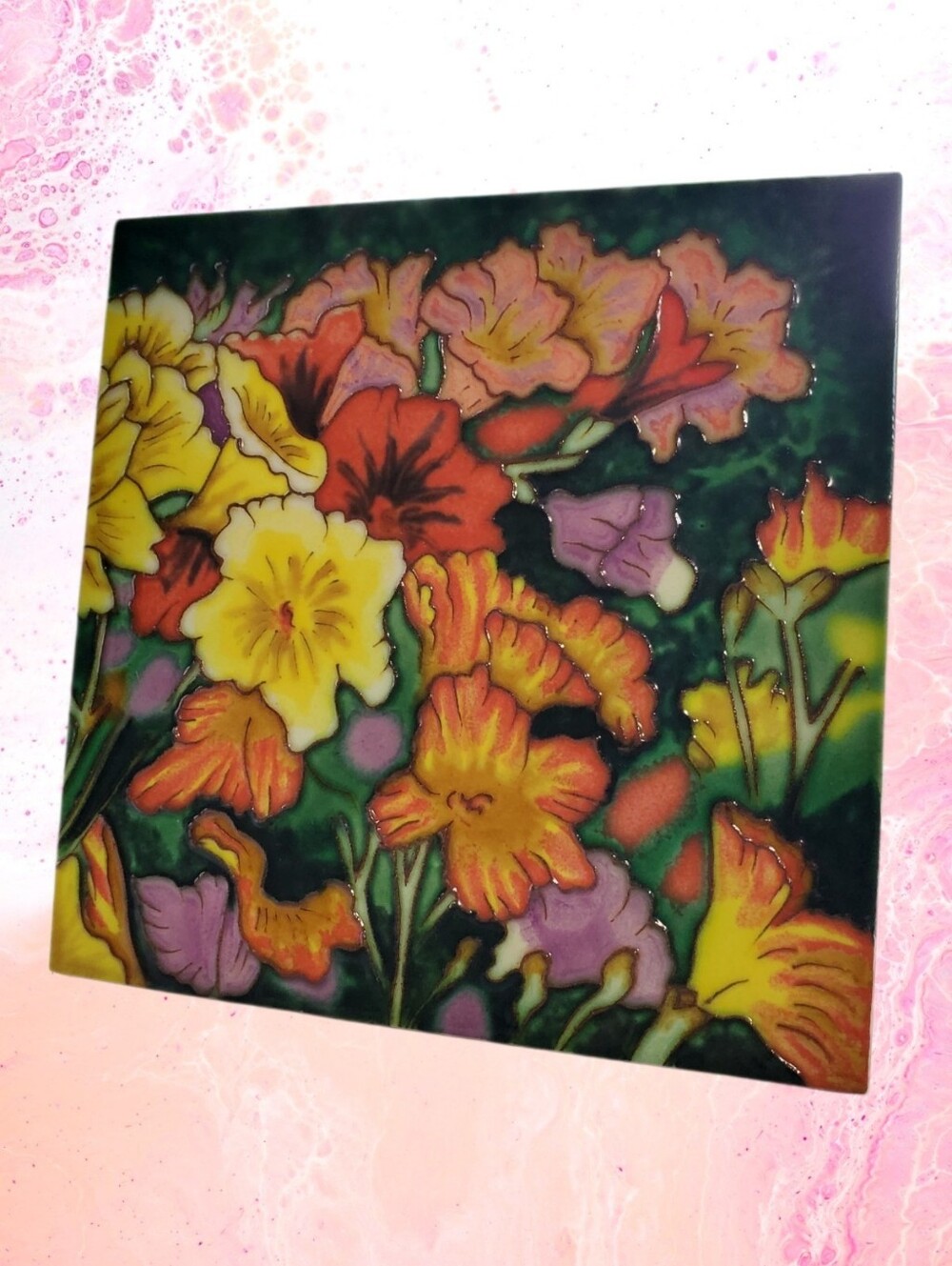 Benaya Art Ceramics Tile Trivet Michael Menashy Floral Spectrum Tube Lined 6x6
